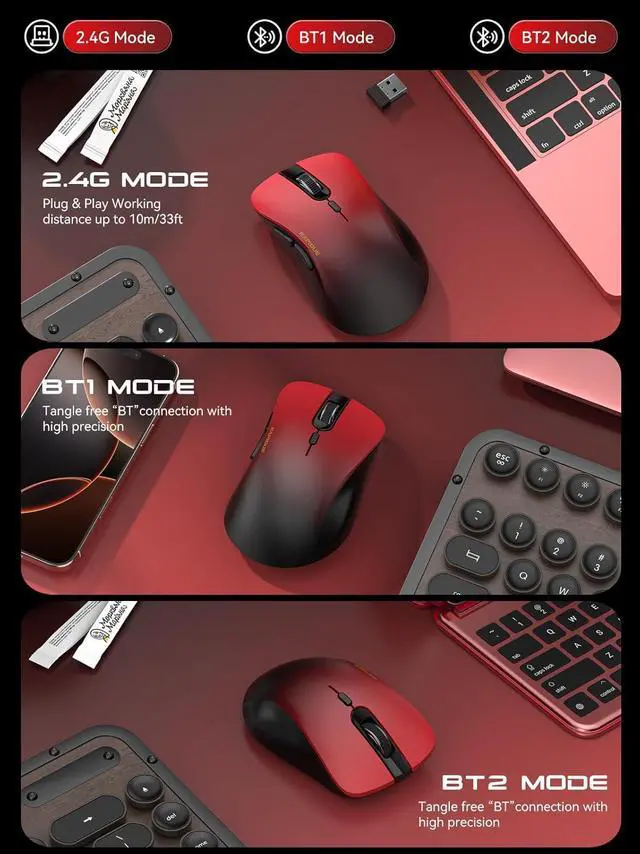 Alt view image 3 of 7 - Bluetooth Wireless Mouse - Dual Bluetooth & 2.4 GHz USB Receiver, Comfortable Grip, Quiet Clicks, Low Power - Multi-Device Compatibility for Laptop, Computer, iPad, MacBook (Gradient Red)
