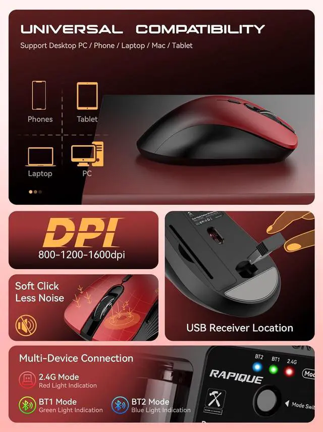 Alt view image 6 of 7 - Bluetooth Wireless Mouse - Dual Bluetooth & 2.4 GHz USB Receiver, Comfortable Grip, Quiet Clicks, Low Power - Multi-Device Compatibility for Laptop, Computer, iPad, MacBook (Gradient Red)