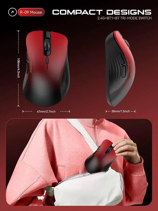 Alt view image 7 of 7 - Bluetooth Wireless Mouse - Dual Bluetooth & 2.4 GHz USB Receiver, Comfortable Grip, Quiet Clicks, Low Power - Multi-Device Compatibility for Laptop, Computer, iPad, MacBook (Gradient Red)