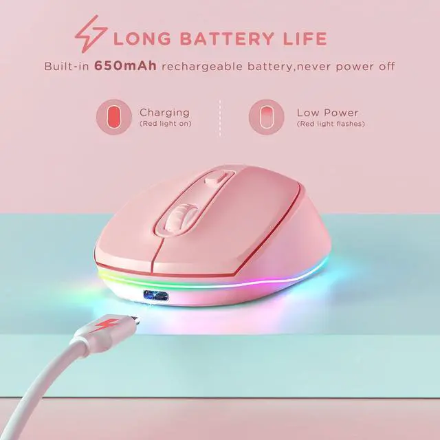 Alt view image 3 of 6 - seenda Wireless Mouse, Rechargeable Light Up Mouse for Laptop, Small Cordless Mice with Quiet Click LED Rainbow Lights for PC Computer Kids Chromebook Windows Mac,Hot Pink