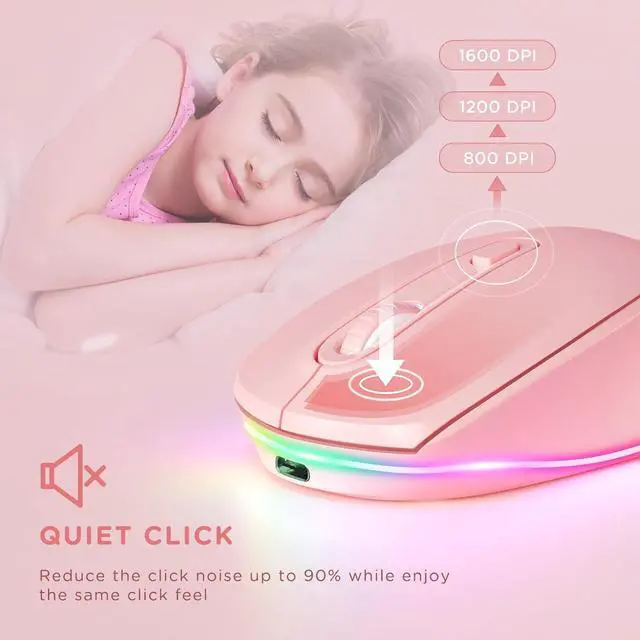 Alt view image 5 of 6 - seenda Wireless Mouse, Rechargeable Light Up Mouse for Laptop, Small Cordless Mice with Quiet Click LED Rainbow Lights for PC Computer Kids Chromebook Windows Mac,Hot Pink