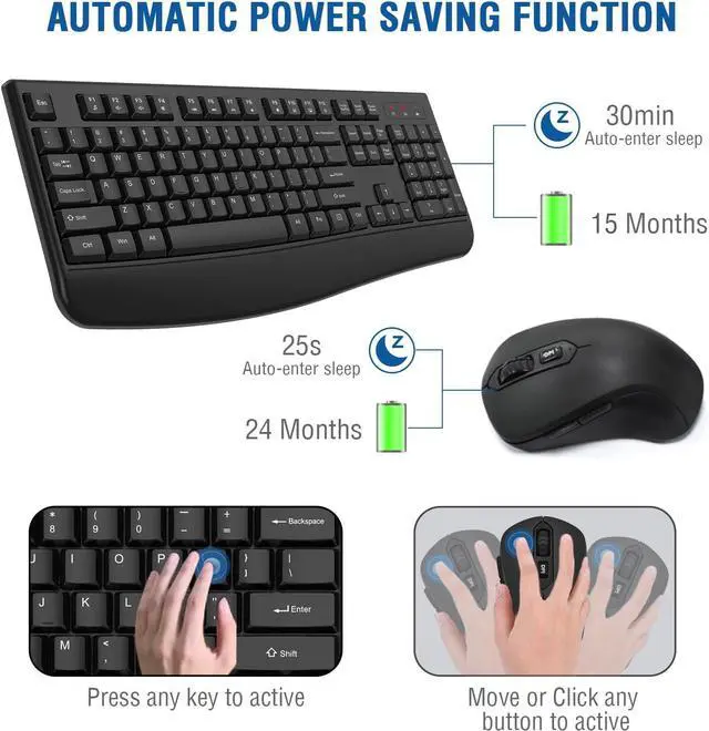 Alt view image 2 of 7 - Wireless Keyboard and Mouse Combo, EDJO 2.4G Full-Sized Ergonomic Computer Keyboard with Wrist Rest and 3 Level DPI Adjustable Wireless Mouse for Windows, Mac OS Desktop/Laptop/PC
