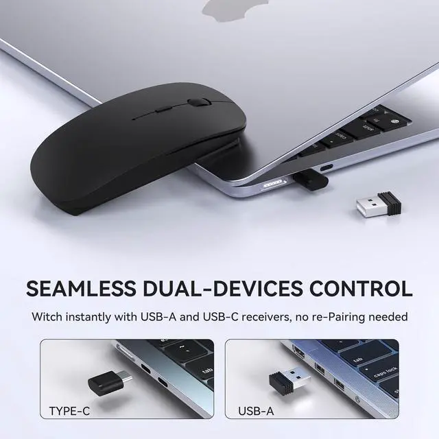 Alt view image 2 of 7 - Type C Mouse, Rechargeable USB C Wireless Mice for MacBook Air, Dual Mode with Nano USB and Type C Receiver for PC, Laptop and All Type C Devices (Type-C Charging Port) - Black