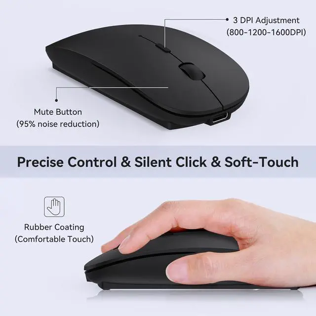 Alt view image 5 of 7 - Type C Mouse, Rechargeable USB C Wireless Mice for MacBook Air, Dual Mode with Nano USB and Type C Receiver for PC, Laptop and All Type C Devices (Type-C Charging Port) - Black