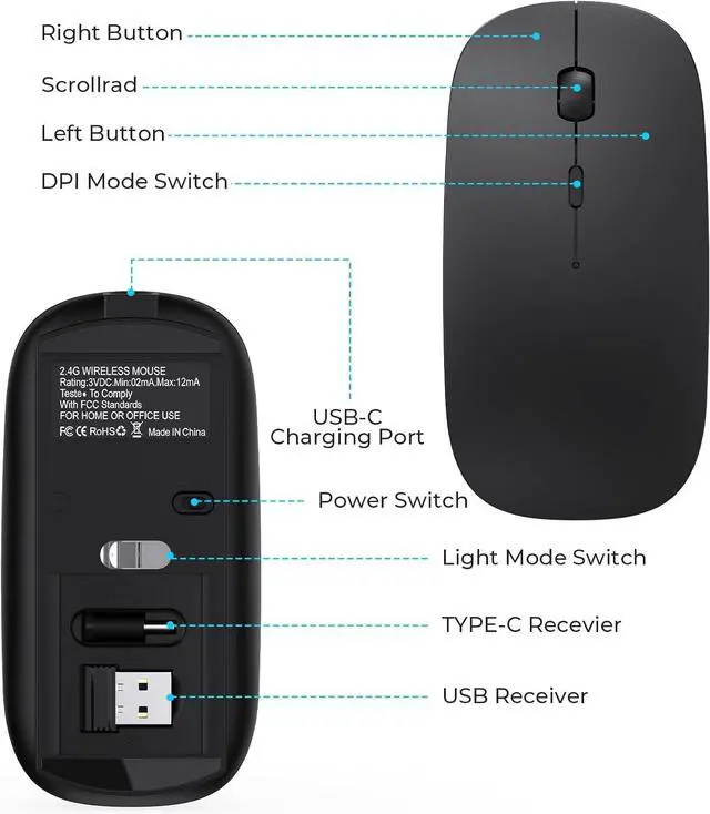 Alt view image 7 of 7 - Type C Mouse, Rechargeable USB C Wireless Mice for MacBook Air, Dual Mode with Nano USB and Type C Receiver for PC, Laptop and All Type C Devices (Type-C Charging Port) - Black