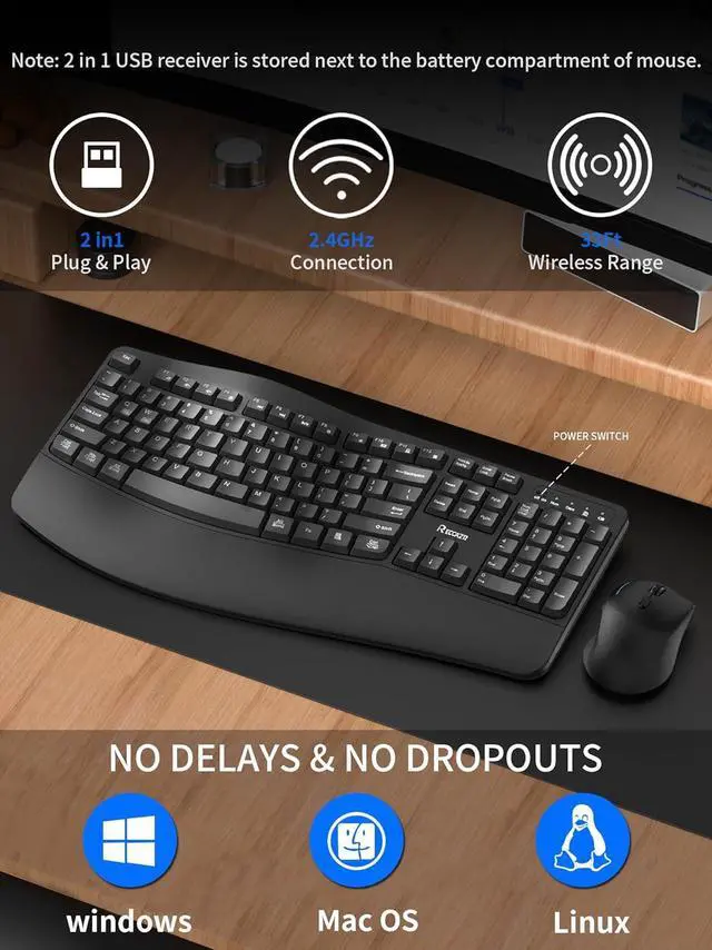 Alt view image 2 of 7 - Wireless Keyboard and Mouse Combo,2.4G Full Size Wave Keys Ergonomic Keyboard with Wrist Rest for Natural Typing, 3 DPI Adjustable Ergonomic Silent Mouse for Computer/Laptop/Windows/Mac (Black)