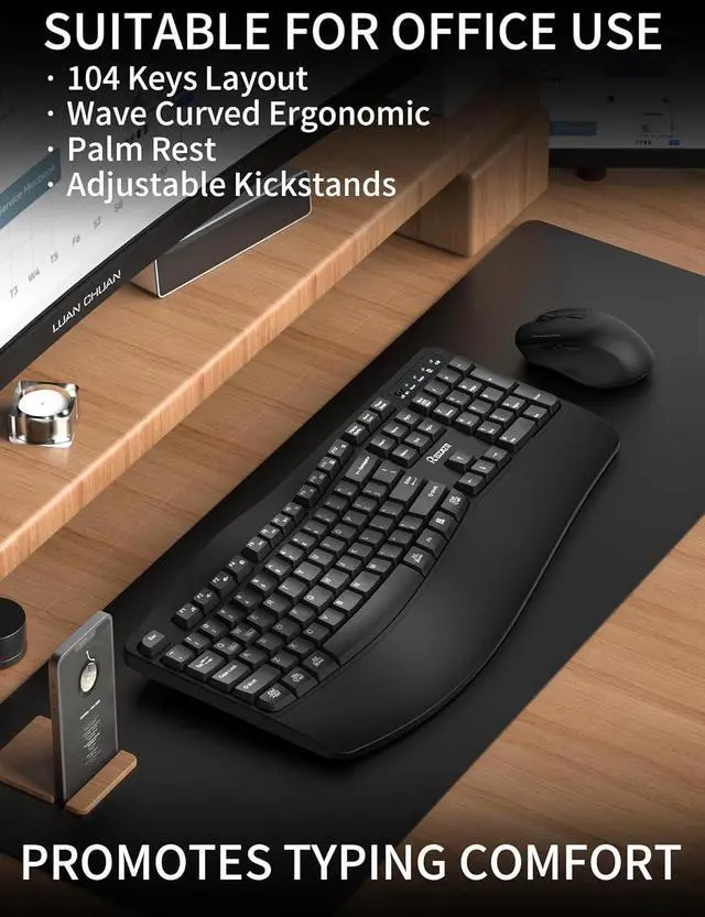 Alt view image 3 of 7 - Wireless Keyboard and Mouse Combo,2.4G Full Size Wave Keys Ergonomic Keyboard with Wrist Rest for Natural Typing, 3 DPI Adjustable Ergonomic Silent Mouse for Computer/Laptop/Windows/Mac (Black)