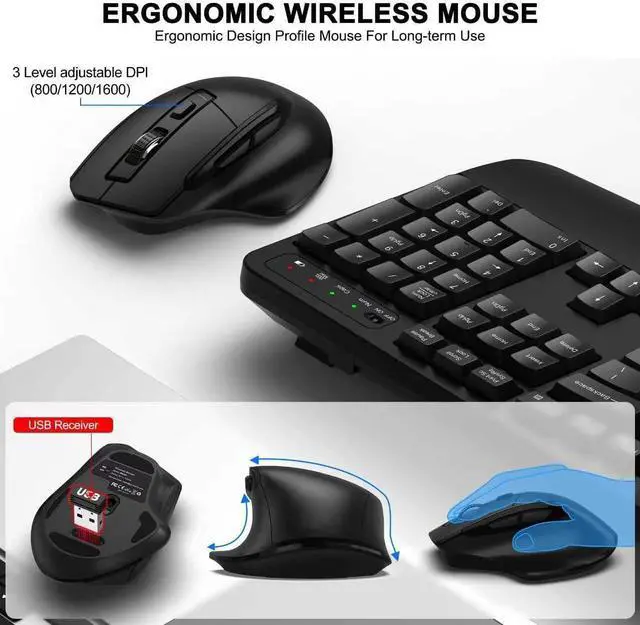 Alt view image 4 of 7 - Wireless Keyboard and Mouse Combo, 2.4G Full Size Wave Keys Ergonomic Keyboard with Wrist Rest and 3-Level DPI Adjustable Wireless Ergonomic Mouse for Windows, Mac OS Desktop/Laptop/PC(Black)