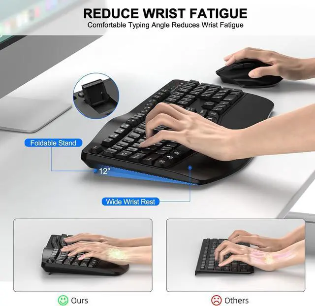 Alt view image 3 of 7 - Wireless Keyboard and Mouse Combo, 2.4G Full Size Wave Keys Ergonomic Keyboard with Wrist Rest and 3-Level DPI Adjustable Wireless Ergonomic Mouse for Windows, Mac OS Desktop/Laptop/PC(Black)