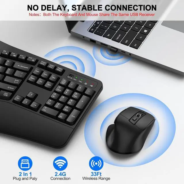 Alt view image 5 of 7 - Wireless Keyboard and Mouse Combo, 2.4G Full Size Wave Keys Ergonomic Keyboard with Wrist Rest and 3-Level DPI Adjustable Wireless Ergonomic Mouse for Windows, Mac OS Desktop/Laptop/PC(Black)