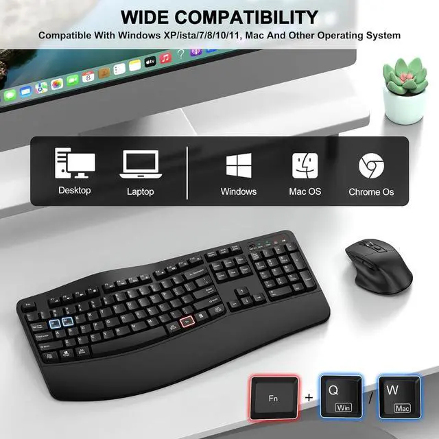 Alt view image 7 of 7 - Wireless Keyboard and Mouse Combo, 2.4G Full Size Wave Keys Ergonomic Keyboard with Wrist Rest and 3-Level DPI Adjustable Wireless Ergonomic Mouse for Windows, Mac OS Desktop/Laptop/PC(Black)
