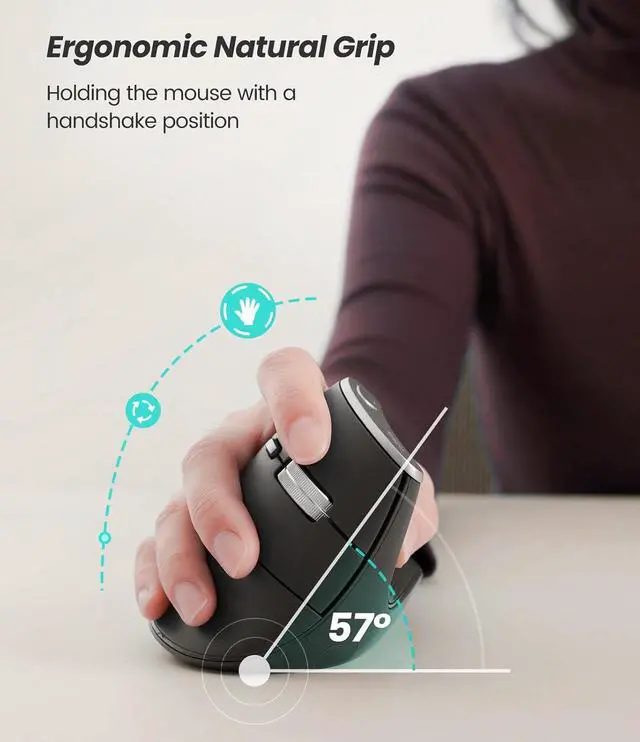 Alt view image 3 of 7 - Nulea M510 Vertical Mouse Wireless, Ergonomic Mouse for Comfy Tracking, 3 Adjustable DPI (800-1200-1600), 2.4G Wireless Vertical Mouse with 6 Buttons, Compatible with Windows, Mac OS, Laptop, PC, Grey