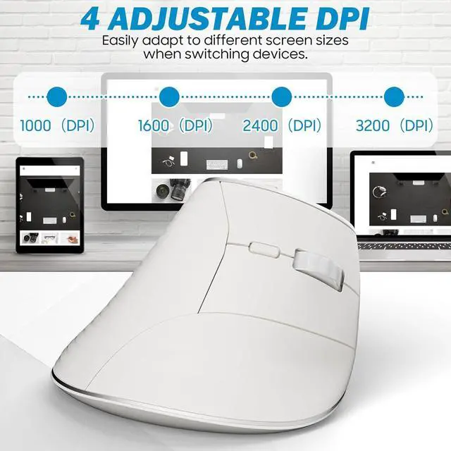 Alt view image 5 of 7 - Wireless Vertical Ergonomic Mouse, Multi-Device(Bluetooth + 2.4G Connection), 4 Adjustable DPI, 7 Buttons Computer Mouse for PC, Laptop, Desktop, MacBook - White