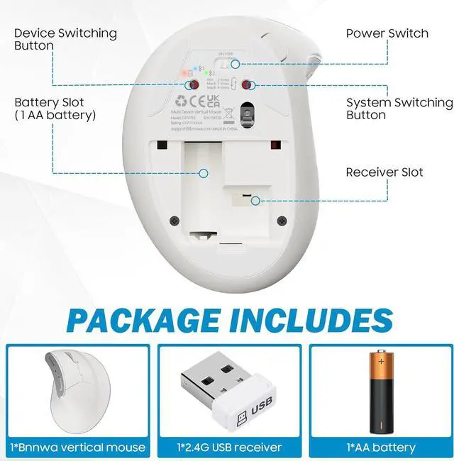 Alt view image 6 of 7 - Wireless Vertical Ergonomic Mouse, Multi-Device(Bluetooth + 2.4G Connection), 4 Adjustable DPI, 7 Buttons Computer Mouse for PC, Laptop, Desktop, MacBook - White