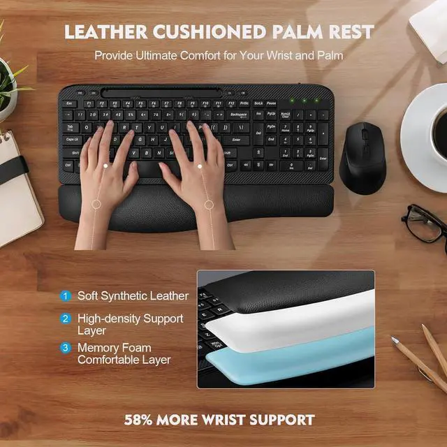 Alt view image 2 of 7 - Wireless Keyboard and Mouse Combo, Wave Keys Full-Sized Ergonomic Keyboard with Cushioned Plam Rest, Phone Holder, Comfortable Natural Typing, 2.4G Cordless Set for Computer, Laptop, PC, Mac, Windows