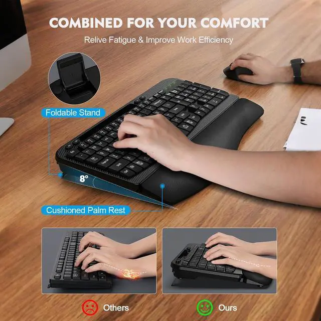 Alt view image 4 of 7 - Wireless Keyboard and Mouse Combo, Wave Keys Full-Sized Ergonomic Keyboard with Cushioned Plam Rest, Phone Holder, Comfortable Natural Typing, 2.4G Cordless Set for Computer, Laptop, PC, Mac, Windows