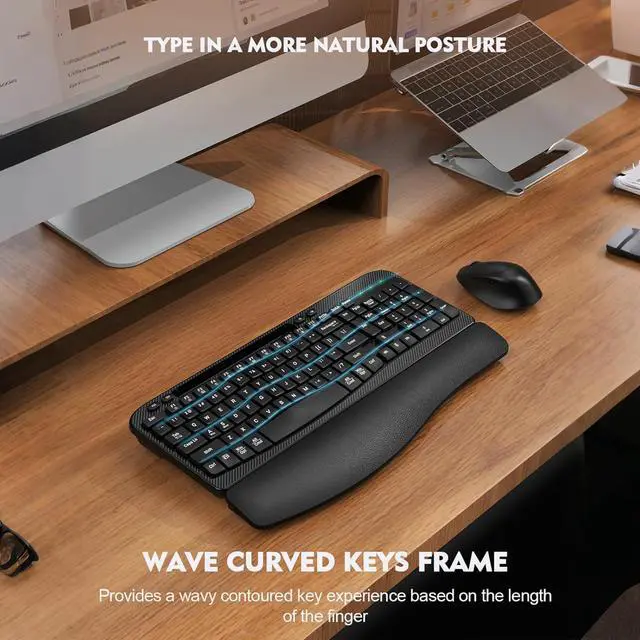 Alt view image 5 of 7 - Wireless Keyboard and Mouse Combo, Wave Keys Full-Sized Ergonomic Keyboard with Cushioned Plam Rest, Phone Holder, Comfortable Natural Typing, 2.4G Cordless Set for Computer, Laptop, PC, Mac, Windows