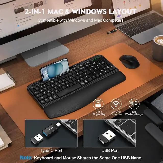 Alt view image 6 of 7 - Wireless Keyboard and Mouse Combo, Wave Keys Full-Sized Ergonomic Keyboard with Cushioned Plam Rest, Phone Holder, Comfortable Natural Typing, 2.4G Cordless Set for Computer, Laptop, PC, Mac, Windows