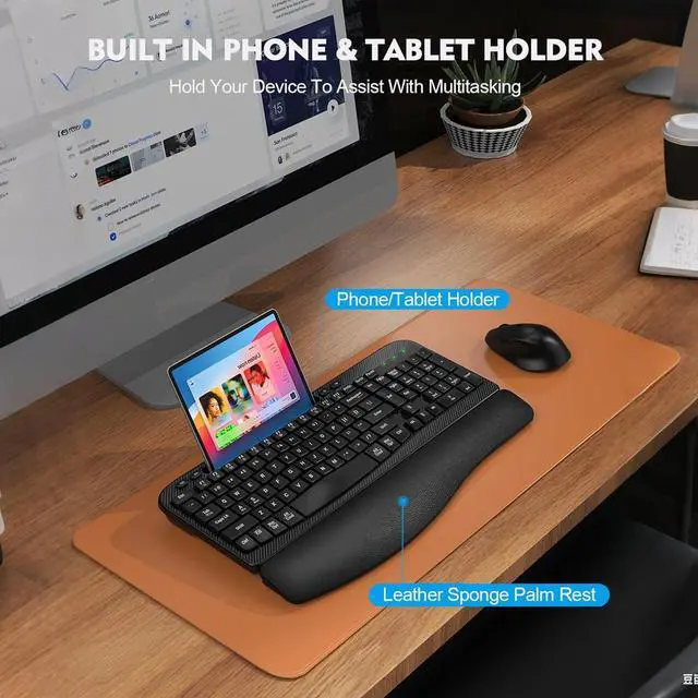 Alt view image 7 of 7 - Wireless Keyboard and Mouse Combo, Wave Keys Full-Sized Ergonomic Keyboard with Cushioned Plam Rest, Phone Holder, Comfortable Natural Typing, 2.4G Cordless Set for Computer, Laptop, PC, Mac, Windows