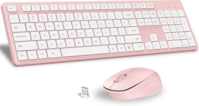 Main image of LeadsaiL Pink Wireless Keyboard and Mouse Combo, Full-Sized Ergonomic Computer Keyboard, 2.4GHz Cordless Keyboard Silent Mouse Set with 2-in-1 USB Receiver, 12 FN Shortcuts for Windows Laptop, PC/Mac