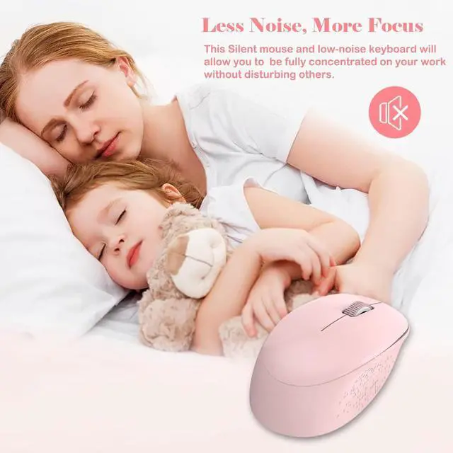 Alt view image 2 of 7 - LeadsaiL Pink Wireless Keyboard and Mouse Combo, Full-Sized Ergonomic Computer Keyboard, 2.4GHz Cordless Keyboard Silent Mouse Set with 2-in-1 USB Receiver, 12 FN Shortcuts for Windows Laptop, PC/Mac