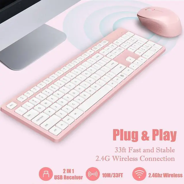 Alt view image 3 of 7 - LeadsaiL Pink Wireless Keyboard and Mouse Combo, Full-Sized Ergonomic Computer Keyboard, 2.4GHz Cordless Keyboard Silent Mouse Set with 2-in-1 USB Receiver, 12 FN Shortcuts for Windows Laptop, PC/Mac