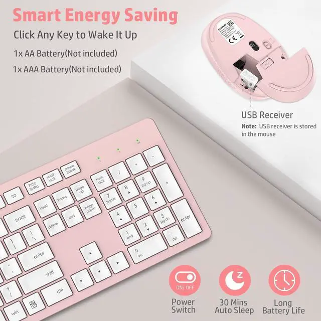 Alt view image 5 of 7 - LeadsaiL Pink Wireless Keyboard and Mouse Combo, Full-Sized Ergonomic Computer Keyboard, 2.4GHz Cordless Keyboard Silent Mouse Set with 2-in-1 USB Receiver, 12 FN Shortcuts for Windows Laptop, PC/Mac