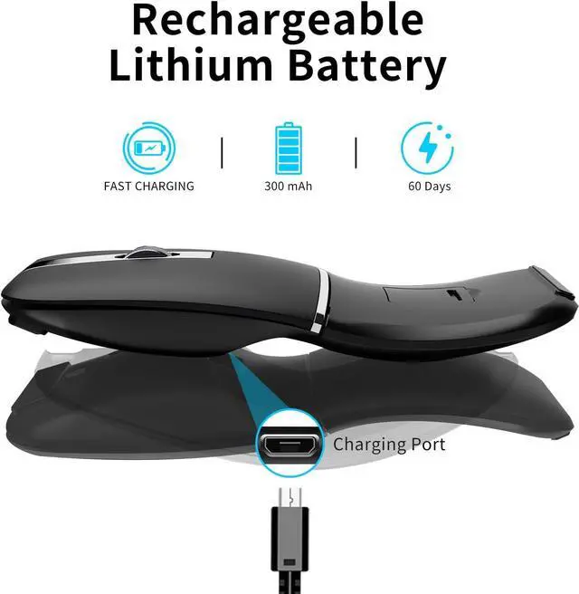 Alt view image 5 of 7 - Bluetooth Arc Travel Mouse - BT & 2.4G Wireless Dual Mode, Rechargeable Slim Rotatable Portable, 1000/1600/2400 DPI, USB Optical Computer Silent Mouse for Microsoft Laptop PC Tablet - Graphite Black