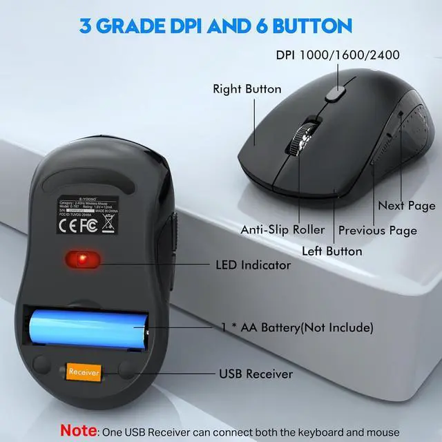 Alt view image 6 of 7 - Wireless Keyboard and Mouse Combo, E-YOOSO 2.4GHz Full Sized Ergonomic Wireless Keyboard with Wrist Rest, 3 DPI Adjustable and 6 Buttons Cordless USB Mouse for Computer, Laptop, PC, Windows (Black)