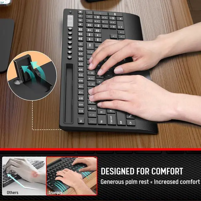 Alt view image 2 of 7 - Trueque Wireless Keyboard and Mouse Combo - Full-Size Quiet Keyboard with Palm Rest, Phone Holder, Multimedia Keys, Power Switch, Compatible with Windows, Chrome OS, PC, Laptop (Batteries Included)