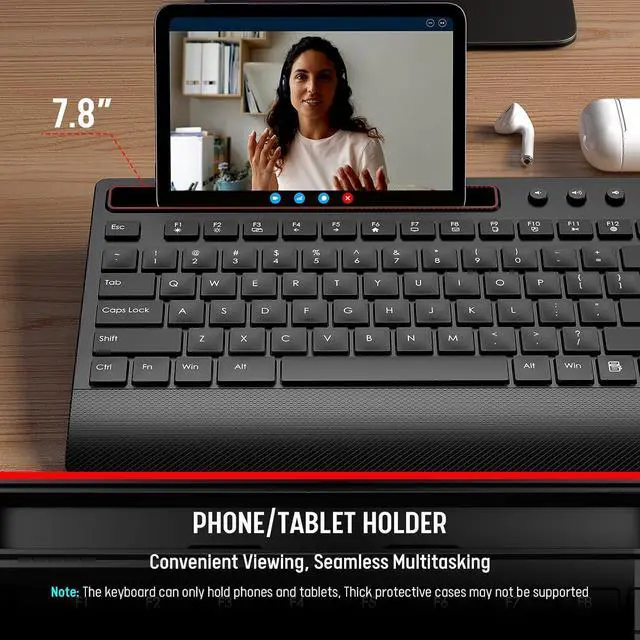 Alt view image 3 of 7 - Trueque Wireless Keyboard and Mouse Combo - Full-Size Quiet Keyboard with Palm Rest, Phone Holder, Multimedia Keys, Power Switch, Compatible with Windows, Chrome OS, PC, Laptop (Batteries Included)