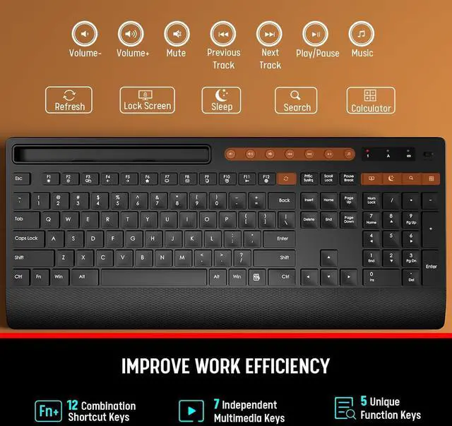 Alt view image 6 of 7 - Trueque Wireless Keyboard and Mouse Combo - Full-Size Quiet Keyboard with Palm Rest, Phone Holder, Multimedia Keys, Power Switch, Compatible with Windows, Chrome OS, PC, Laptop (Batteries Included)