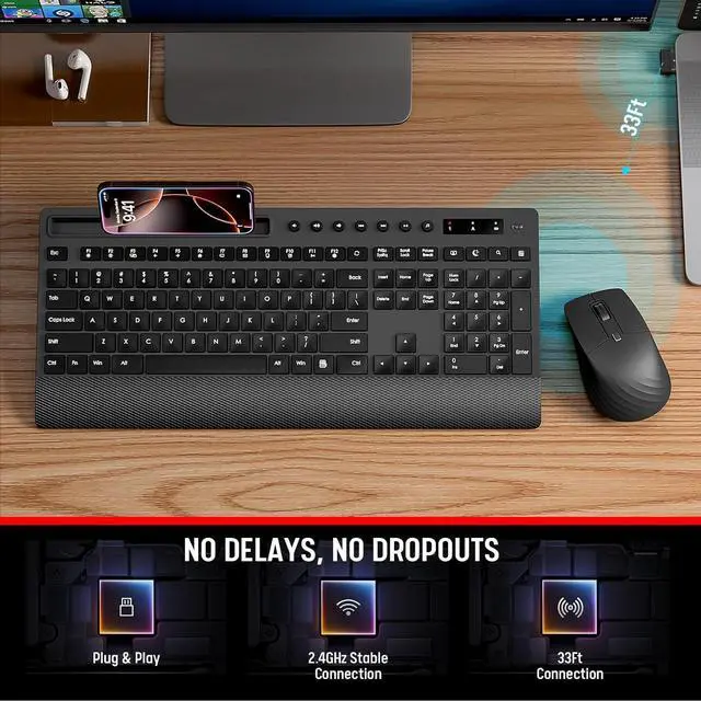 Alt view image 7 of 7 - Trueque Wireless Keyboard and Mouse Combo - Full-Size Quiet Keyboard with Palm Rest, Phone Holder, Multimedia Keys, Power Switch, Compatible with Windows, Chrome OS, PC, Laptop (Batteries Included)
