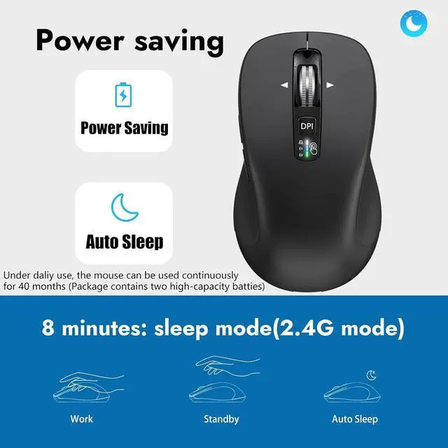 Alt view image 7 of 7 - Wireless Bluetooth Mouse (USB + BT1 + BT2), Full Size, 4-Way Scrolling, Multi-Device Silent Mouse for Computer, Laptop, iPad, MacBook (Black)