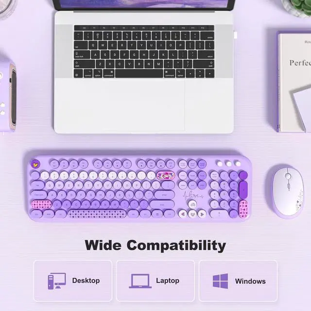 Alt view image 5 of 7 - MOFII Wireless Keyboard and Mouse Combo, Cute Colorful Full Size Keyboard and Adjustable Mouse, 2.4GHz Retro Typewriter Keyboard and Mouse Set for PC/Desktop/Laptop/Windows (Purple Colorful)
