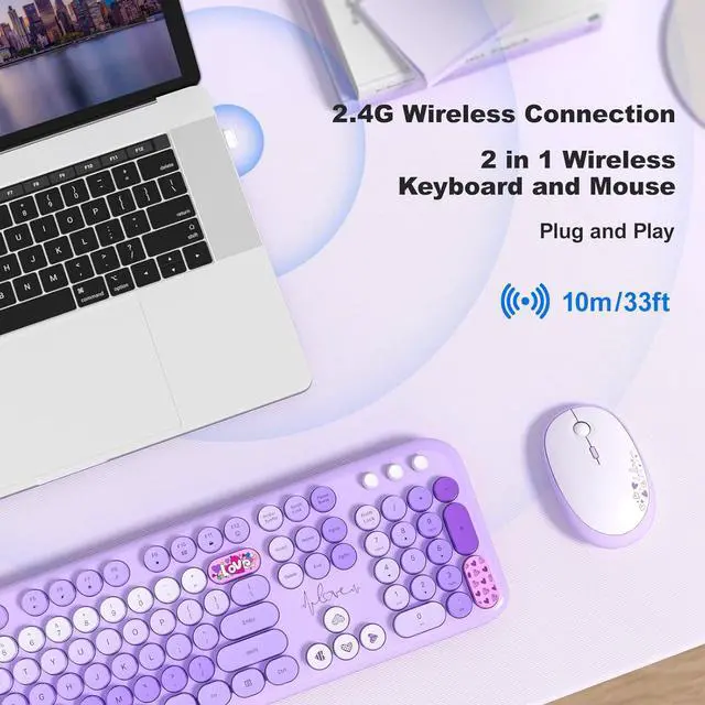 Alt view image 3 of 7 - MOFII Wireless Keyboard and Mouse Combo, Cute Colorful Full Size Keyboard and Adjustable Mouse, 2.4GHz Retro Typewriter Keyboard and Mouse Set for PC/Desktop/Laptop/Windows (Purple Colorful)