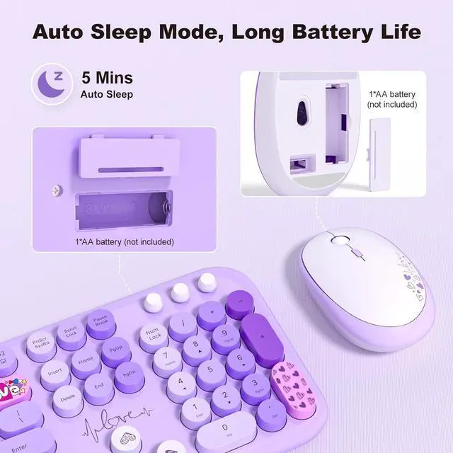 Alt view image 6 of 7 - MOFII Wireless Keyboard and Mouse Combo, Cute Colorful Full Size Keyboard and Adjustable Mouse, 2.4GHz Retro Typewriter Keyboard and Mouse Set for PC/Desktop/Laptop/Windows (Purple Colorful)