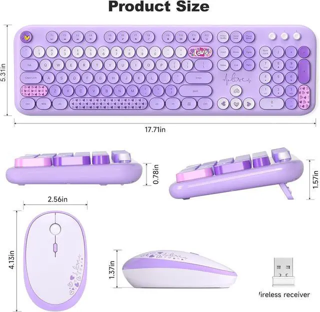 Alt view image 7 of 7 - MOFII Wireless Keyboard and Mouse Combo, Cute Colorful Full Size Keyboard and Adjustable Mouse, 2.4GHz Retro Typewriter Keyboard and Mouse Set for PC/Desktop/Laptop/Windows (Purple Colorful)
