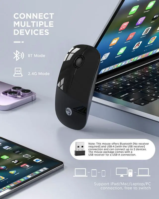 Alt view image 2 of 7 - Bluetooth Wireless Mouse - (BT5.1+USB) Slim Dual Mode Computer Mice with Quiet Click, Low Power, and 1600 DPI, Portable Mouse for MacBook, Laptop, iPad Pro/Air, Surface Pro (Black)