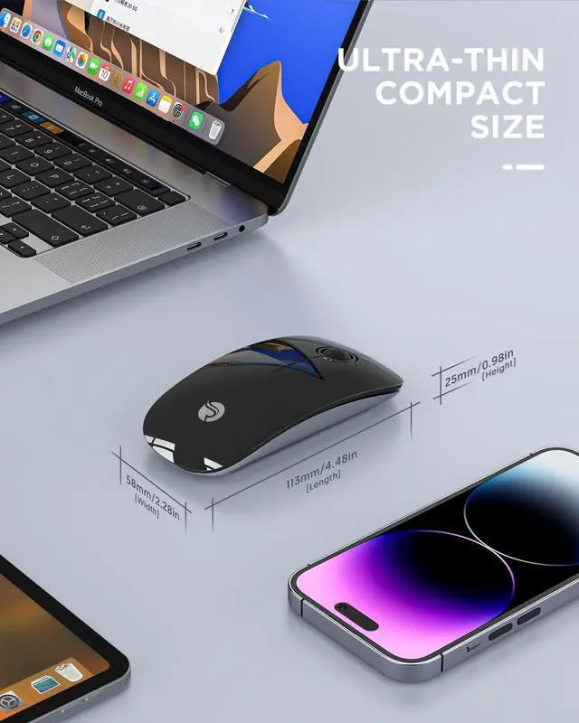 Alt view image 5 of 7 - Bluetooth Wireless Mouse - (BT5.1+USB) Slim Dual Mode Computer Mice with Quiet Click, Low Power, and 1600 DPI, Portable Mouse for MacBook, Laptop, iPad Pro/Air, Surface Pro (Black)