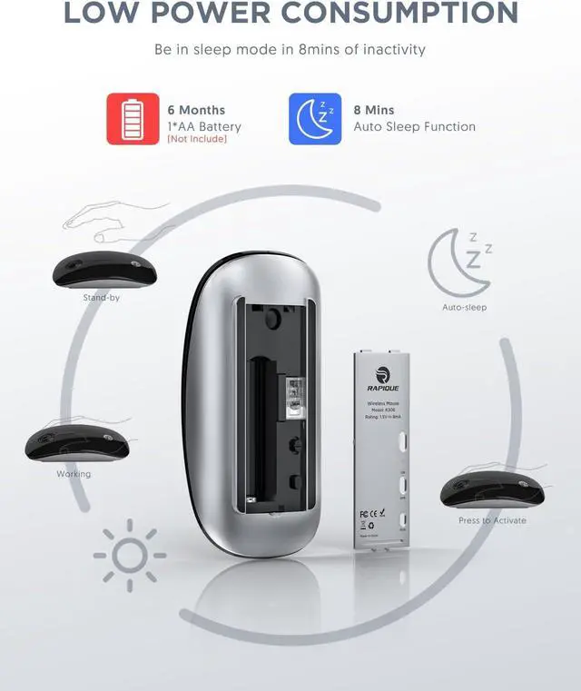 Alt view image 6 of 7 - Bluetooth Wireless Mouse - (BT5.1+USB) Slim Dual Mode Computer Mice with Quiet Click, Low Power, and 1600 DPI, Portable Mouse for MacBook, Laptop, iPad Pro/Air, Surface Pro (Black)