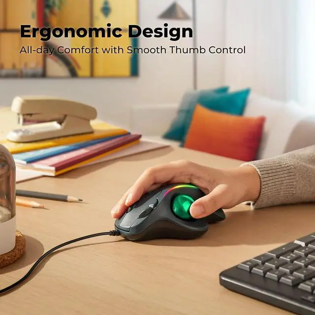 Alt view image 2 of 7 - Wired Trackball Mouse, Ergonomic Comfort Design Reduces Muscle Strain, Easy Thumb Control, Precision Tracking with 5 DPI Options, Dual USB-C/USB-A Interface Compatible for PC, Laptop, Mac, Windows