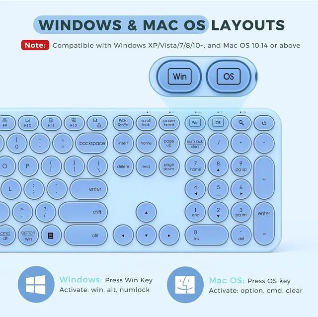 Alt view image 3 of 7 - seenda Wireless Keyboard and Mouse, USB & Type C 2-in-1 Receiver, SK73-3 Full Size Teal Wireless Keyboard Mouse Combo, Compatible for Windows, MacBook Pro/Air, Laptop, Desktop, PC - Blue