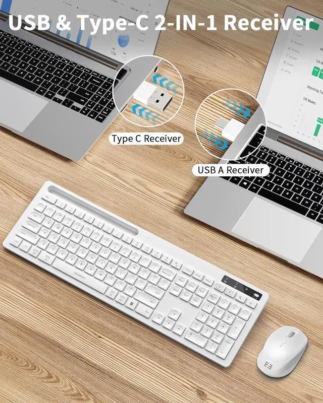Alt view image 3 of 7 - seenda White Wireless Keyboard and Mouse for Mac, USB A & Type C Receiver, Full-Size Wireless Keyboard with Phone Holder Compatible for MacBook/Air/Pro Windows Computer/Desktop/Laptop