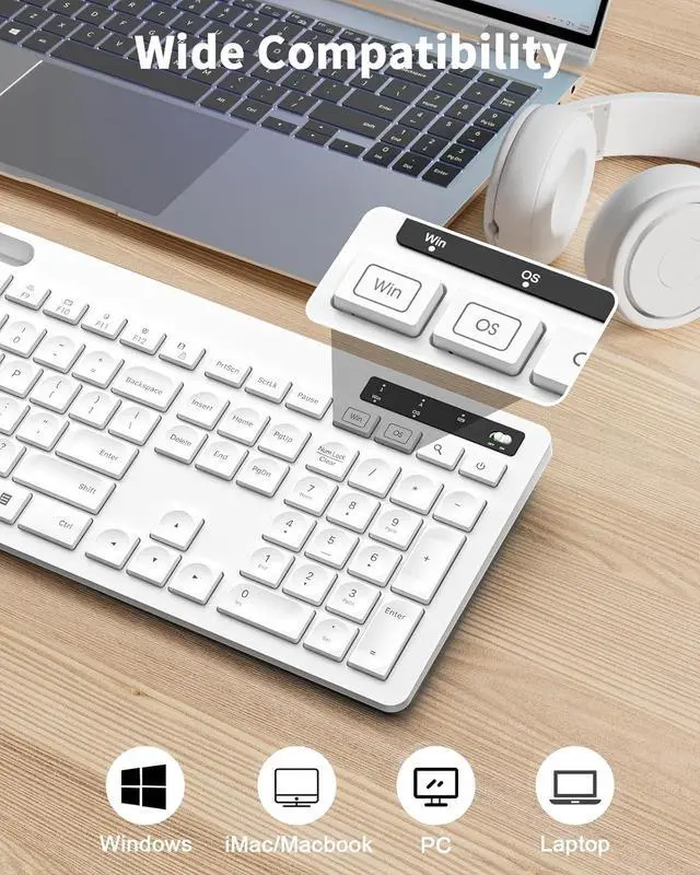 Alt view image 2 of 7 - seenda White Wireless Keyboard and Mouse for Mac, USB A & Type C Receiver, Full-Size Wireless Keyboard with Phone Holder Compatible for MacBook/Air/Pro Windows Computer/Desktop/Laptop