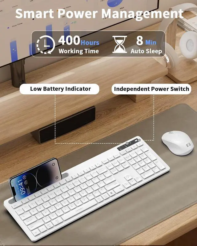 Alt view image 6 of 7 - seenda White Wireless Keyboard and Mouse for Mac, USB A & Type C Receiver, Full-Size Wireless Keyboard with Phone Holder Compatible for MacBook/Air/Pro Windows Computer/Desktop/Laptop