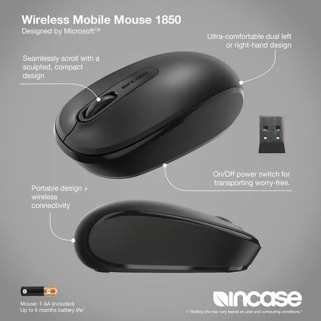 Alt view image 2 of 7 - Incase Wireless Mobile Mouse 1850  Designed by Microsoft  Compact, Comfortable, Right/Left Hand Use, 6-Month Battery Life, Nano Transceiver, Works with Mac/Windows 8/10/11 (Black)