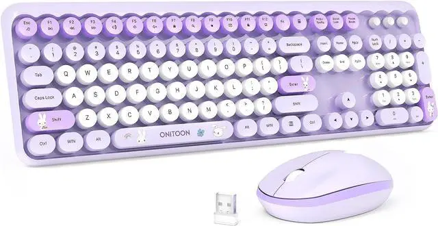 Main image of Wireless Keyboard and Mouse Combo, 2.4GHz Retro Full-Sized Keyboard and Wireless Quiet Mouse for Office PC Desktops Laptops Computer, Cute Bunny Theme, Purple