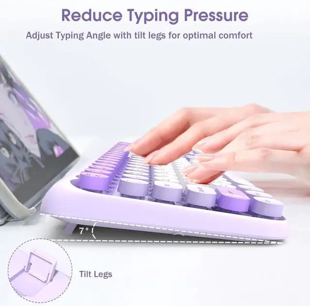 Alt view image 4 of 7 - Wireless Keyboard and Mouse Combo, 2.4GHz Retro Full-Sized Keyboard and Wireless Quiet Mouse for Office PC Desktops Laptops Computer, Cute Bunny Theme, Purple