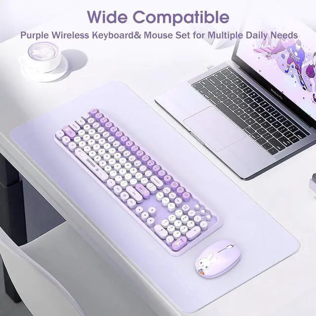 Alt view image 6 of 7 - Wireless Keyboard and Mouse Combo, 2.4GHz Retro Full-Sized Keyboard and Wireless Quiet Mouse for Office PC Desktops Laptops Computer, Cute Bunny Theme, Purple